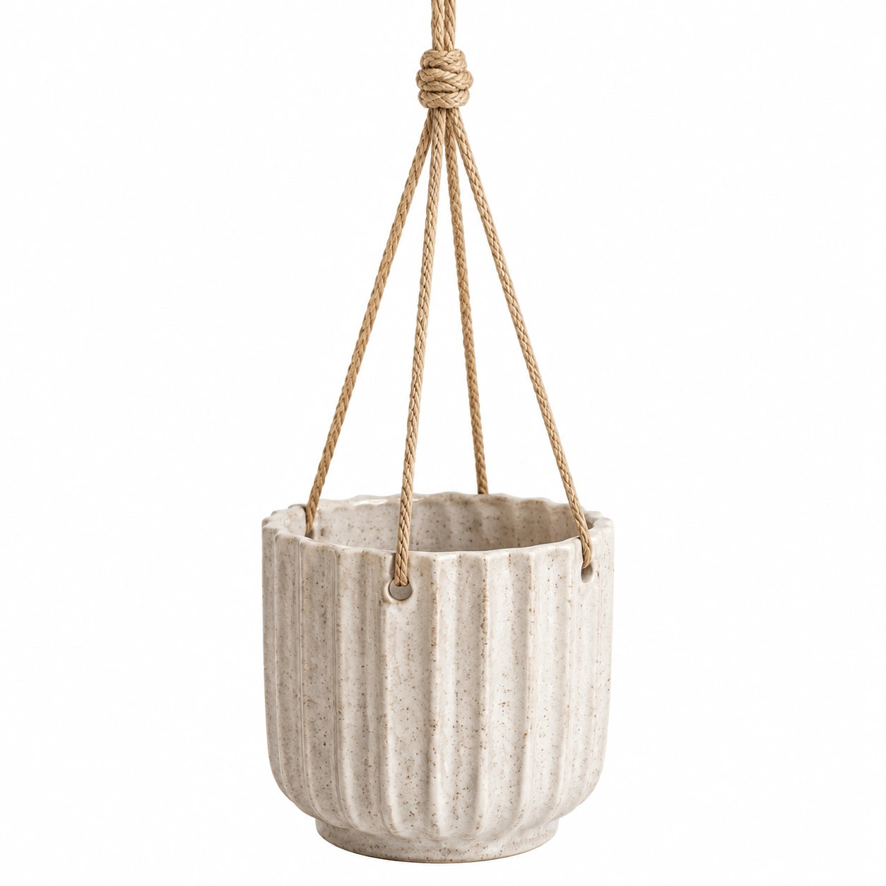 Pot de fleurs suspendu 18 cm en céramique beige avec cordon tressé pour intérieur