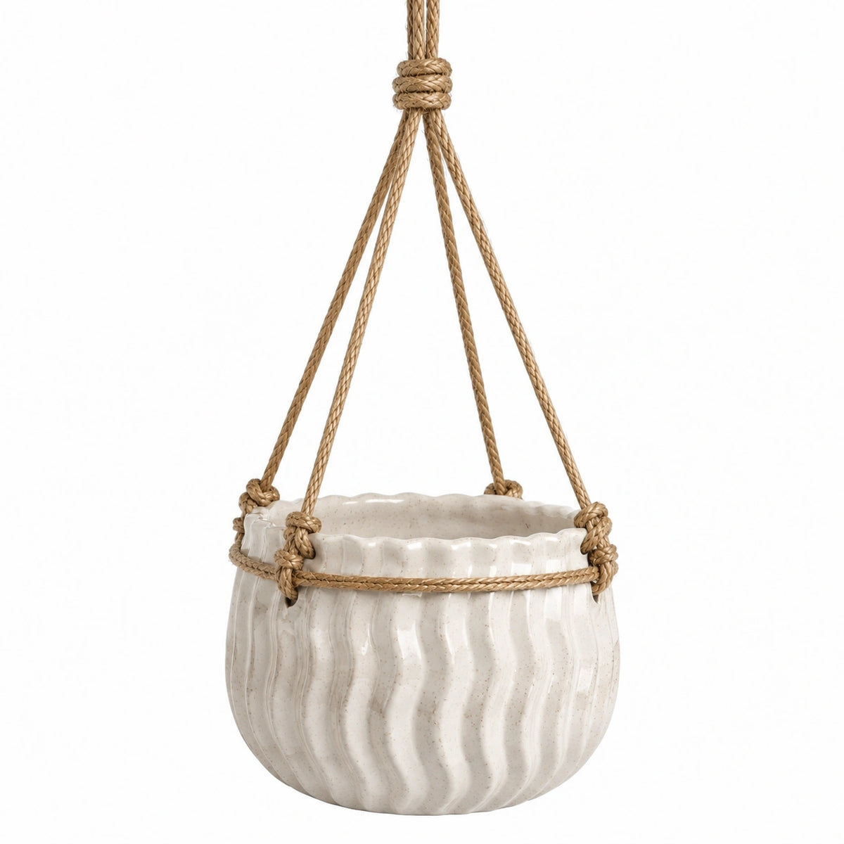 Pot de fleurs suspendu 20 cm en céramique blanc crème à corde tressée