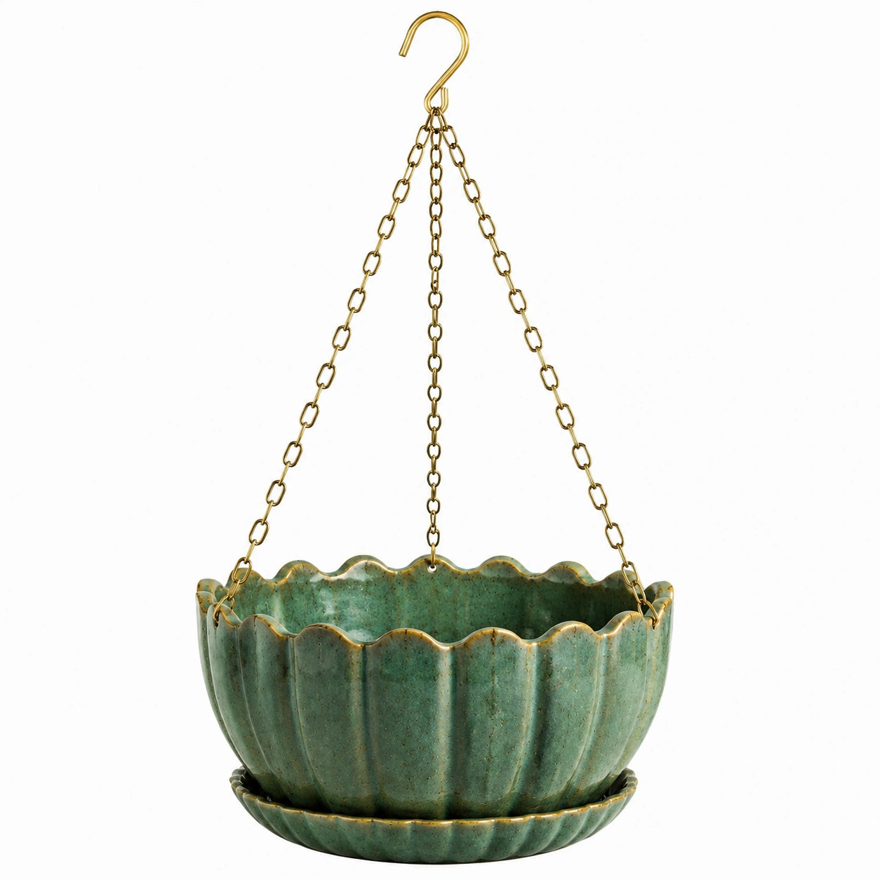 Pot de fleurs suspendu diamètre 20 cm en céramique verte avec soucoupe décor strié