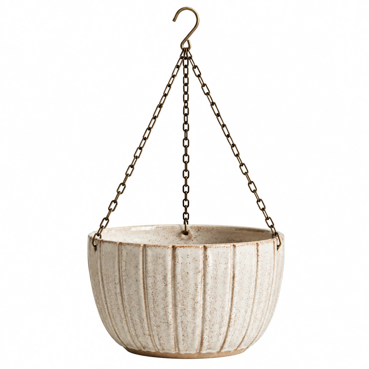Pot de fleurs suspendu diamètre 20 cm en céramique blanc moucheté avec chaînes métalliques