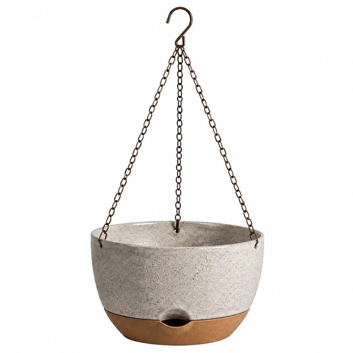 Pot de fleurs suspendu Ø30 cm en ciment beige et métal marron avec drainage pour jardin