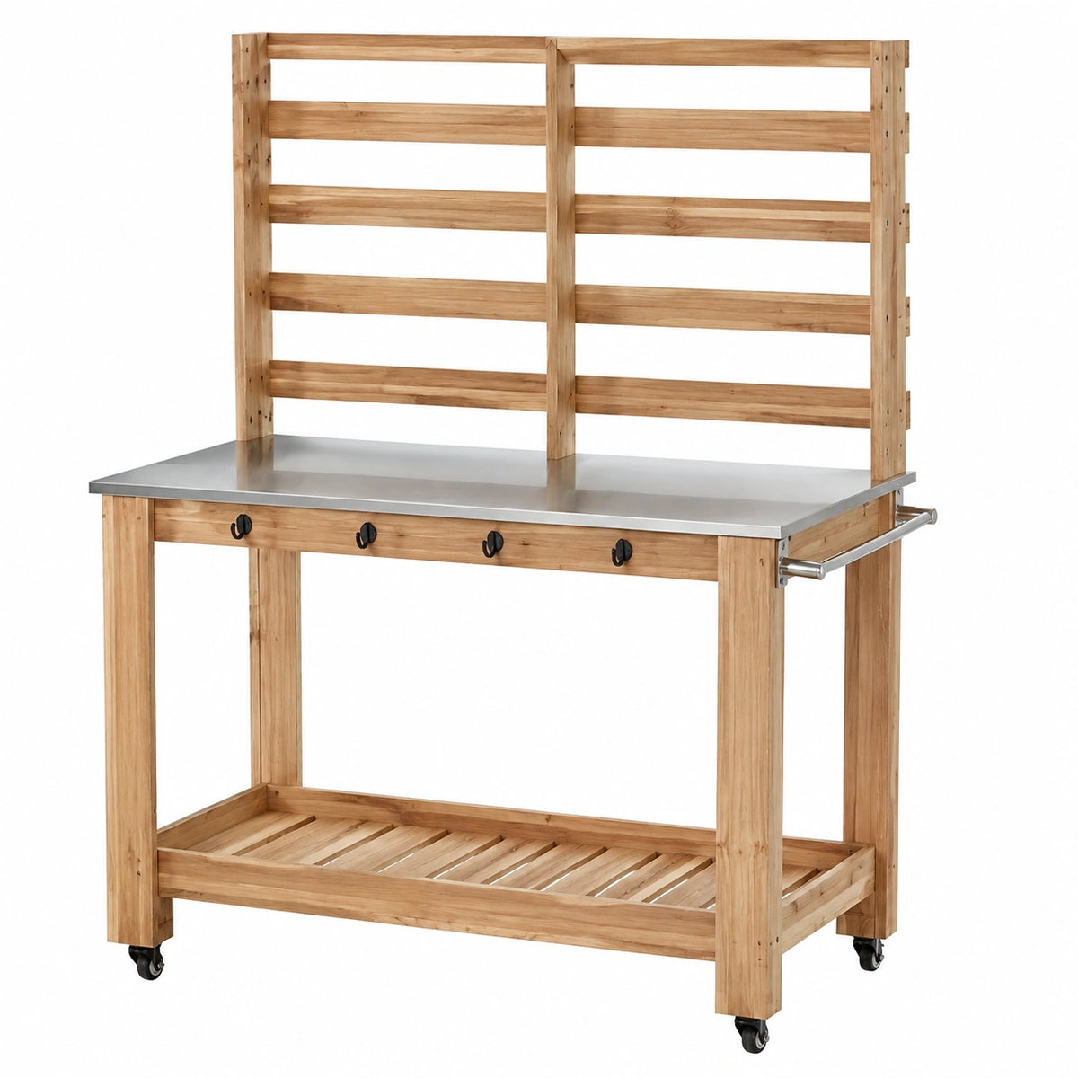 Table de jardinage 120 x 60 x 190 cm en bois naturel avec plan de travail en acier inoxydable sur roulettes