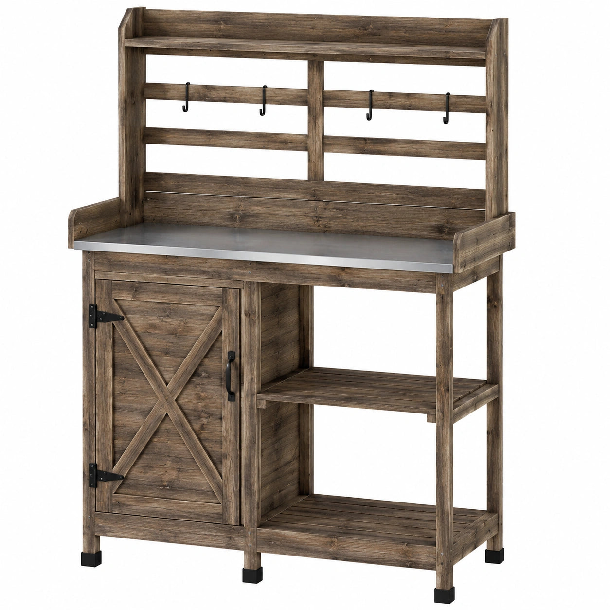 Table de jardinage 122 x 61 x 183 cm en bois brun avec plan de travail en acier rangement rustique