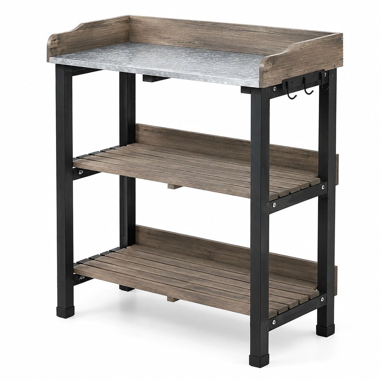 Table de rempotage 90 x 45 x 120 cm en bois brun et acier noir avec plateau galvanisé et rangements