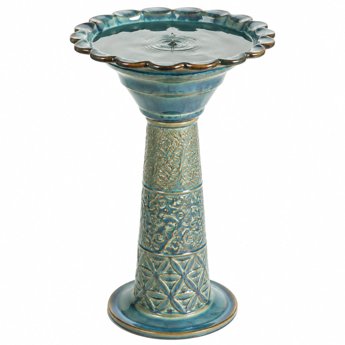 Bain d'oiseaux sur pied 40 cm en céramique bleu turquoise décor sculpté