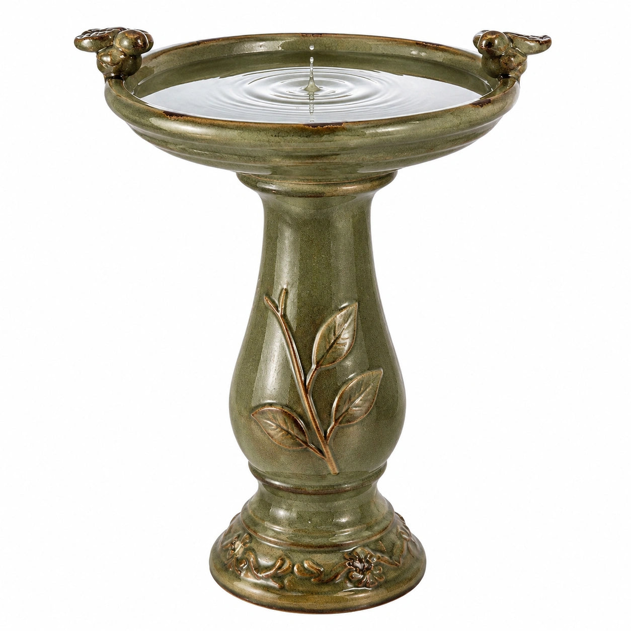 Bain d oiseaux sur pied Ø 41 cm H 63 cm en céramique vert olive décor oiseaux pour jardin