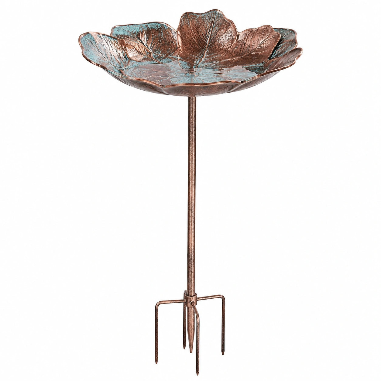 Bain d'oiseaux sur piquet diamètre 35 cm hauteur 110 cm en métal cuivre/vert style feuille pour jardin