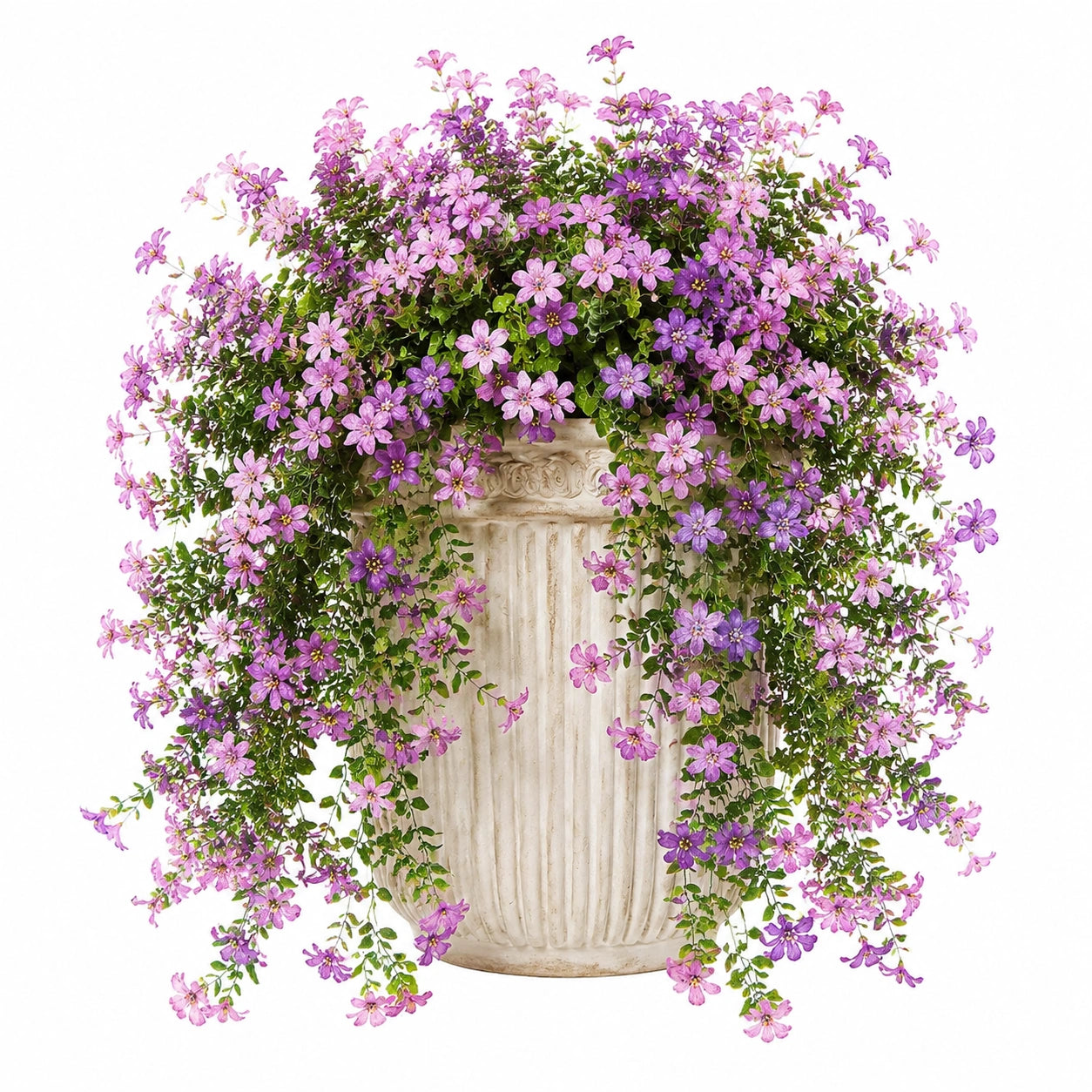 Plante artificielle fleurie en pot 65 cm violet rose feuillage retombant décoratif