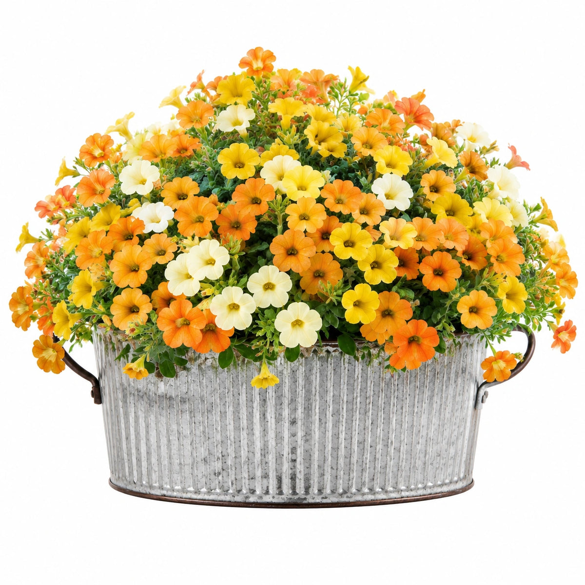 Plante artificielle en pot 40 cm fleurs orange jaune crème pot en métal style champêtre