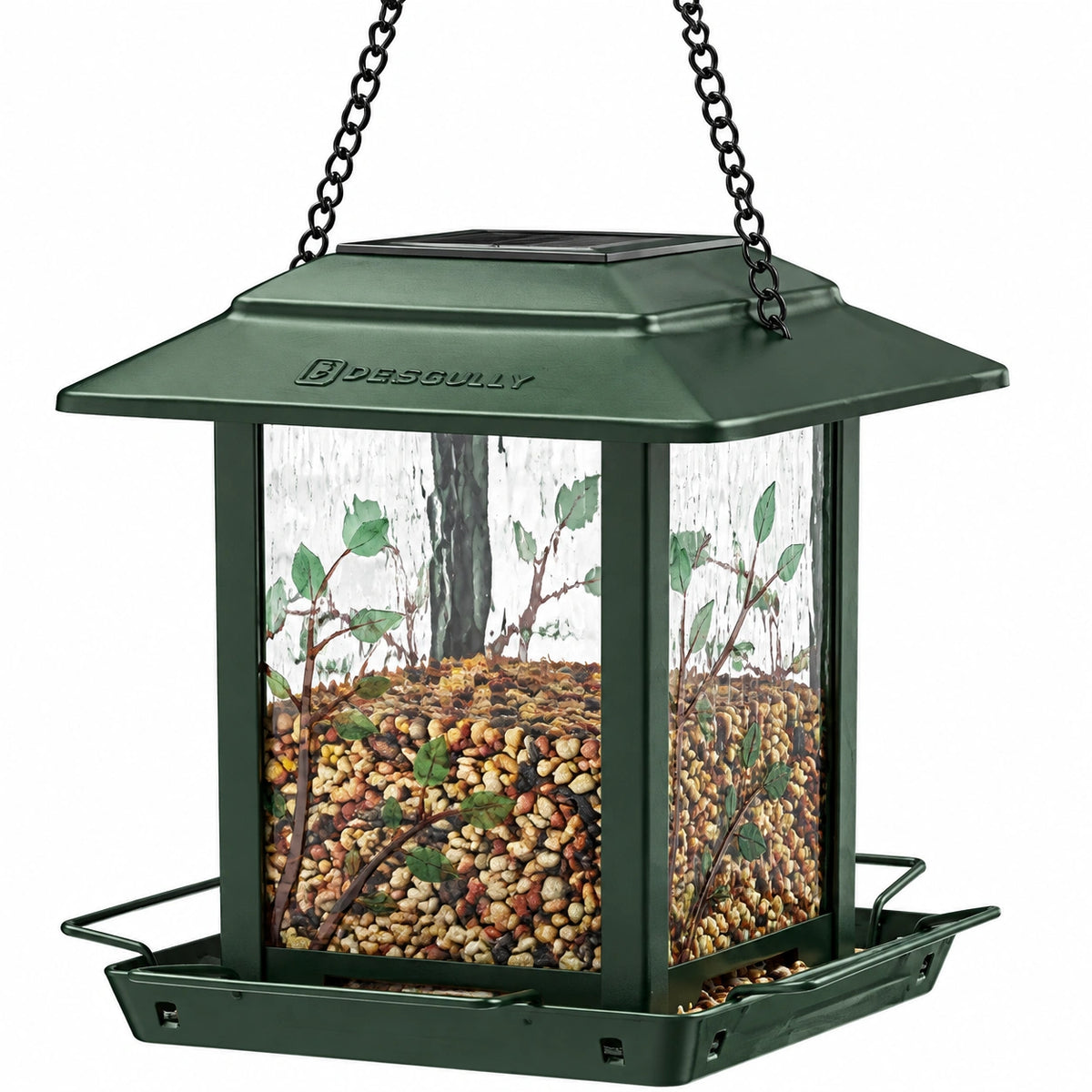 Mangeoire à oiseaux 25 x 25 x 35 cm en métal vert à suspendre avec panneau solaire