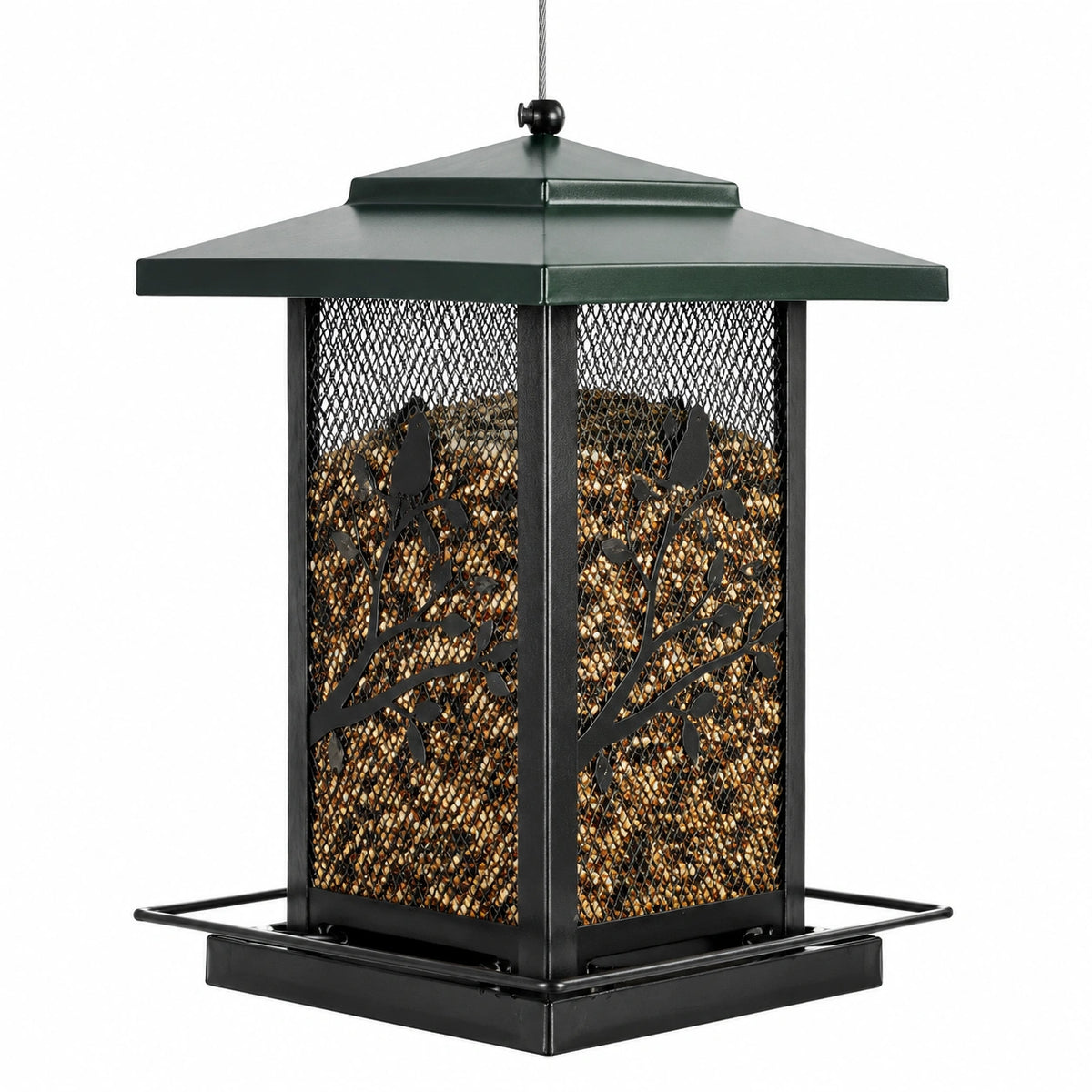 Mangeoire à oiseaux suspendue 25 x 25 x 32 cm en métal noir et vert foncé avec toit protecteur
