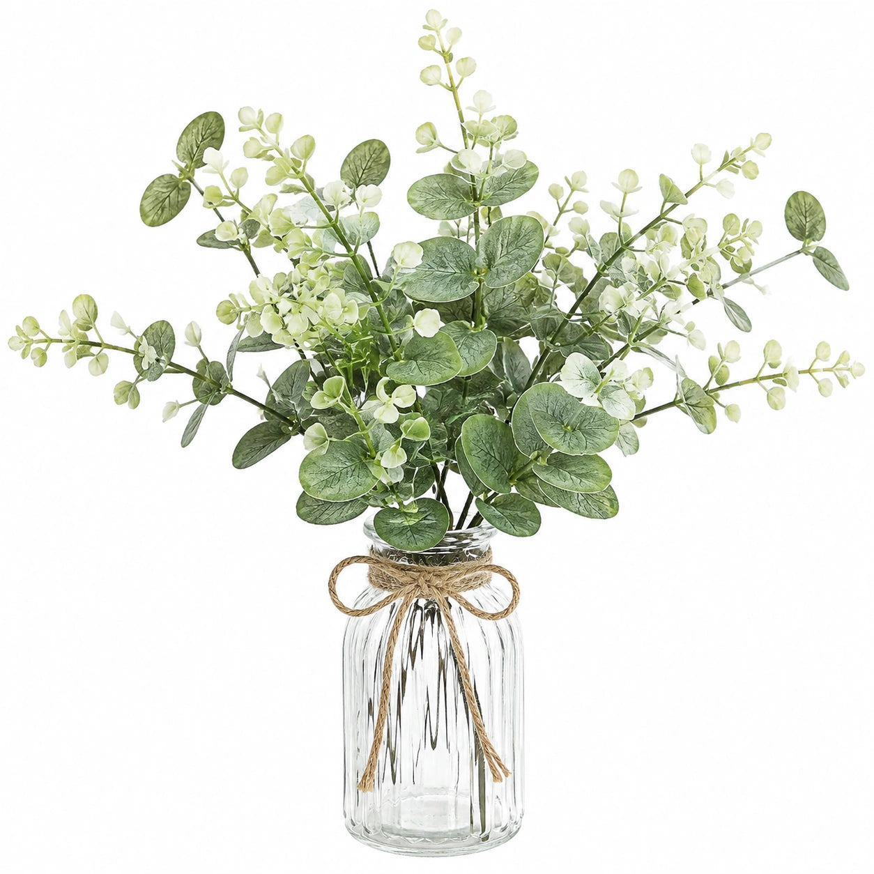 Bouquet de fleurs artificielles 65 cm en plastique vert et blanc avec vase en verre pour décoration intérieure